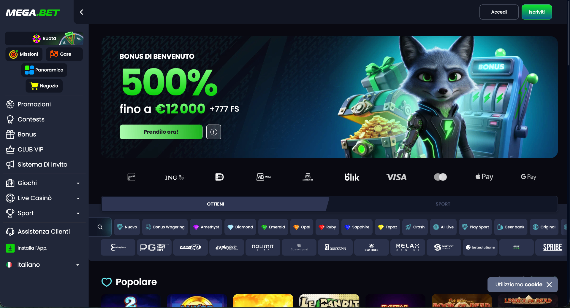 Screenshot della homepage di MegaBet